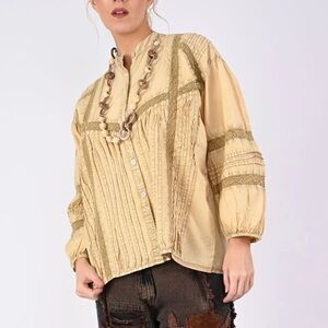 Elegant Beige Lace Button-Up Blouse